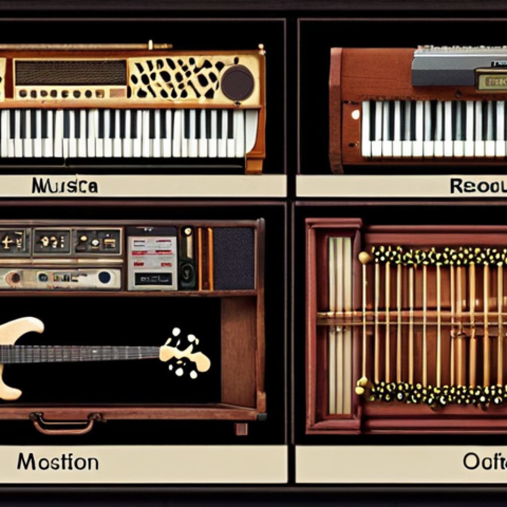 **Musical Instrument Evolution:** Image showcasing a timeline or visual representation of the evolution of musical instruments from ancient designs to modern digital instruments, highlighting different cultures and their impact.