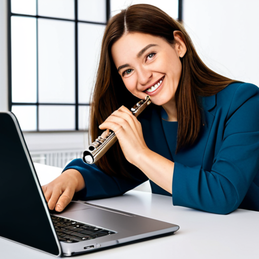 A professional creative adult artist, dressed in a modest, contemporary business-casual outfit, sits comfortably in a bright, modern studio. They are looking at a laptop screen displaying a social media interface with positive engagement metrics, a subtle smile of satisfaction on their face. Artistic tools like a flute, a microphone, or a digital tablet are visible on the desk, indicating their craft. The background features subtle acoustic panels and warm, professional lighting, conveying a creative and successful environment. professional photography, ultra detailed, perfect anatomy, correct proportions, natural pose, well-formed hands, proper finger count, natural body proportions, safe for work, appropriate content, fully clothed, modest clothing, appropriate attire, professional dress, family-friendly.