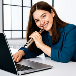 A professional creative adult artist, dressed in a modest, contemporary business-casual outfit, sits comfortably in a bright, modern studio. They are looking at a laptop screen displaying a social media interface with positive engagement metrics, a subtle smile of satisfaction on their face. Artistic tools like a flute, a microphone, or a digital tablet are visible on the desk, indicating their craft. The background features subtle acoustic panels and warm, professional lighting, conveying a creative and successful environment. professional photography, ultra detailed, perfect anatomy, correct proportions, natural pose, well-formed hands, proper finger count, natural body proportions, safe for work, appropriate content, fully clothed, modest clothing, appropriate attire, professional dress, family-friendly.