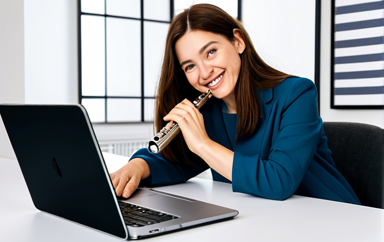 A professional creative adult artist, dressed in a modest, contemporary business-casual outfit, sits comfortably in a bright, modern studio. They are looking at a laptop screen displaying a social media interface with positive engagement metrics, a subtle smile of satisfaction on their face. Artistic tools like a flute, a microphone, or a digital tablet are visible on the desk, indicating their craft. The background features subtle acoustic panels and warm, professional lighting, conveying a creative and successful environment. professional photography, ultra detailed, perfect anatomy, correct proportions, natural pose, well-formed hands, proper finger count, natural body proportions, safe for work, appropriate content, fully clothed, modest clothing, appropriate attire, professional dress, family-friendly.