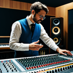 A professional musician, fully clothed in modest, appropriate attire, standing in a sophisticated music studio that visually contrasts vintage analog recording equipment (large tape recorder, intricate mixing console) on one side with modern digital audio workstations (laptop with music production software) on the other. The musician holds a musical instrument, appearing contemplative and bridging the gap between traditional and contemporary methods. This image reflects the digital transformation of the music industry. Safe for work, appropriate content, professional dress, perfect anatomy, correct proportions, natural pose, well-formed hands, proper finger count, natural body proportions, high-quality studio photography, cinematic lighting.
