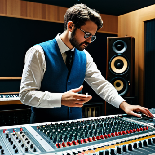 Home 7 A professional musician, fully clothed in modest, appropriate attire, standing in a sophisticated music studio that visually contrasts vintage analog recording equipment (large tape recorder, intricate mixing console) on one side with modern digital audio workstations (laptop with music production software) on the other. The musician holds a musical instrument, appearing contemplative and bridging the gap between traditional and contemporary methods. This image reflects the digital transformation of the music industry. Safe for work, appropriate content, professional dress, perfect anatomy, correct proportions, natural pose, well-formed hands, proper finger count, natural body proportions, high-quality studio photography, cinematic lighting.