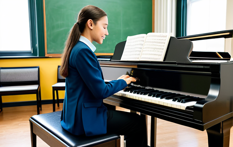 연주가로서 이직 시 고려사항 - **Professional Music Teacher:** A fully clothed music teacher in a modest classroom setting, demonst...