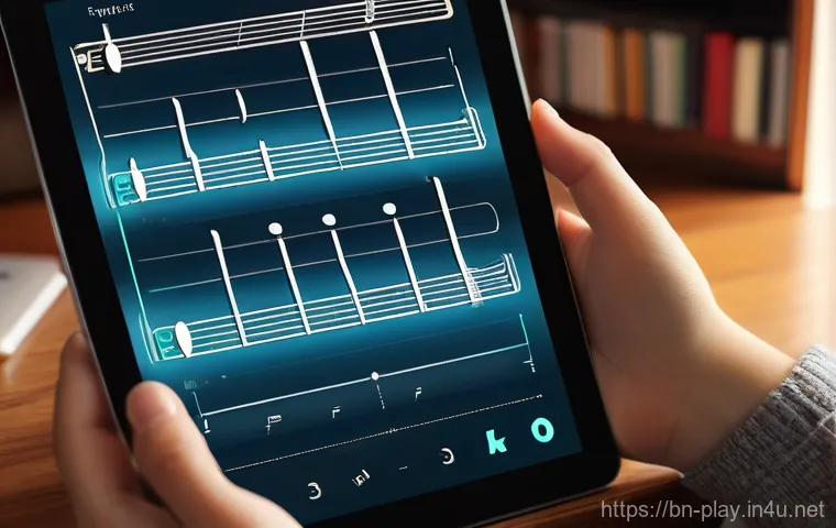 연주가가 이론 시험 준비 중 사용하는 앱 - **Prompt 1: Joyful Interactive Music Theory Learning**
    "A vibrant, eye-level shot of a teenage g...
