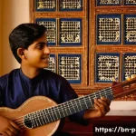 연주가 시험 필수 이론 정리 - A detailed scene of a traditional Bengali music classroom where a young male student is attentively ...