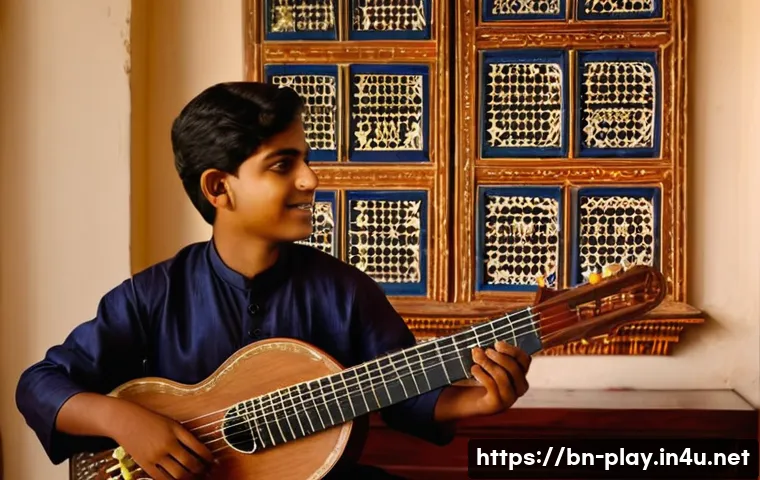 연주가 시험 필수 이론 정리 - A detailed scene of a traditional Bengali music classroom where a young male student is attentively ...