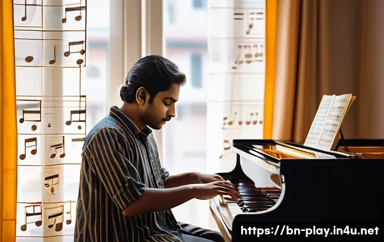 연주가를 위한 이론 및 실기 시험 대비 전략 - A focused Bengali musician practicing piano in a serene, well-lit room during early morning hours, w...