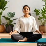 연주가로서의 멘탈 관리 비결 - A serene music artist practicing meditation in a bright, peaceful room filled with natural light and...