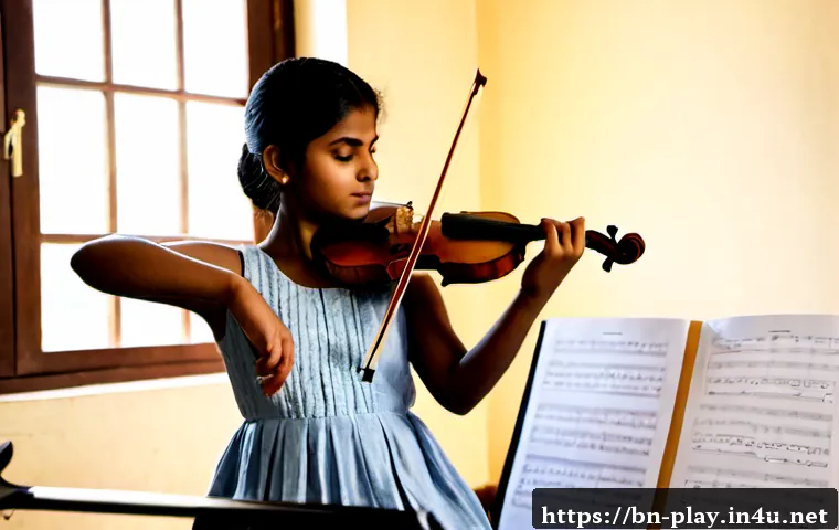 Home 17 연주가 경력 쌓기를 위한 팁 - Photorealistic young South Asian violinist practicing in a quiet sunlit room, focused posture beside...