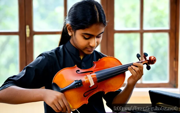 연주가 실기 시험 준비를 위한 장비 구매 가이드 - Photorealistic music performance exam preparation scene, a focused young Bengali musician organizing...