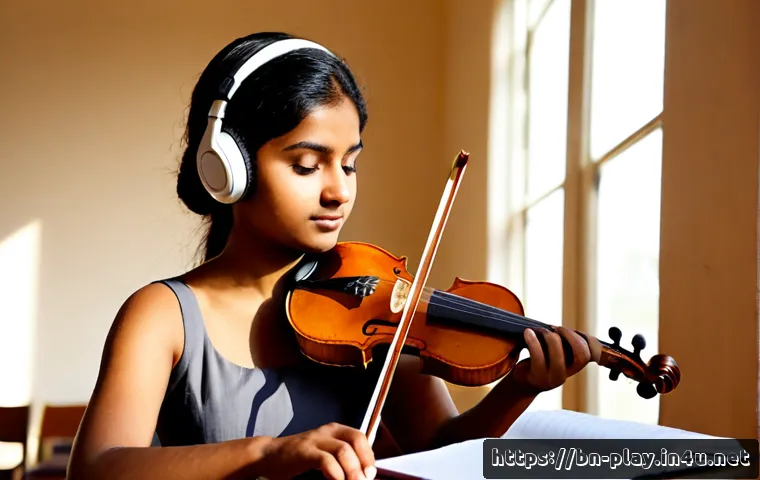 연주가가 실기 시험 후 복습하는 법 - Photorealistic young South Asian violinist reviewing her performance after a practical music exam, s...