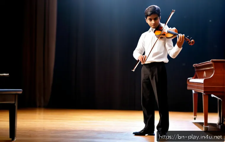 연주가의 실기 시험 모범 답안 - Photorealistic classical violin performance examination, focused young Bengali musician in formal co...